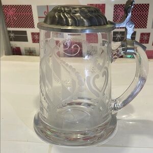 Vintage BMF German Glass Stein Dome Lid Silver Lid. 92% Zinn Pewter Etched desi